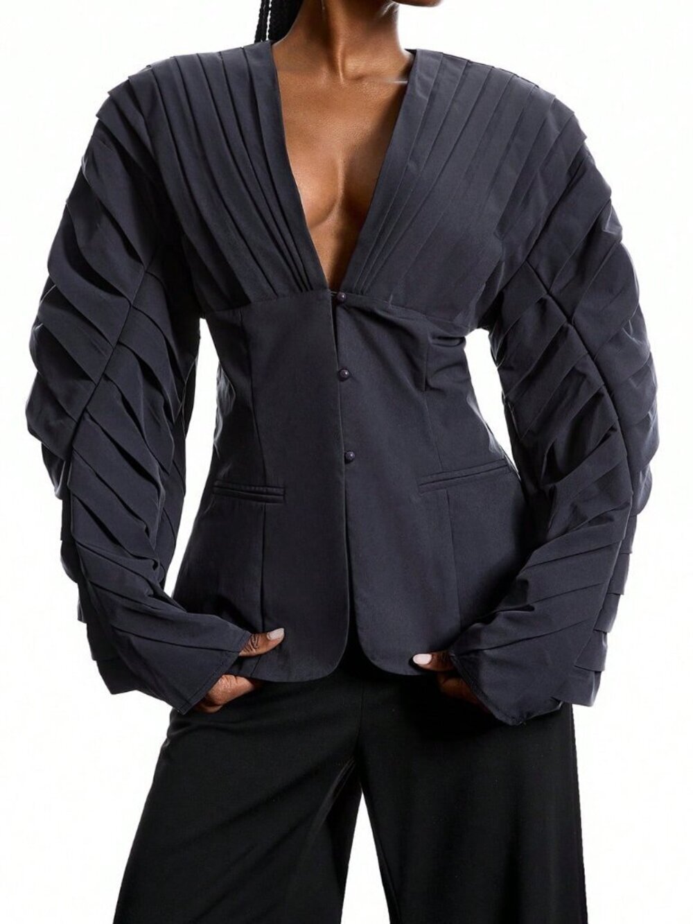 Dark Grey Casual Women's Pleated Deep V-Neck Blouse